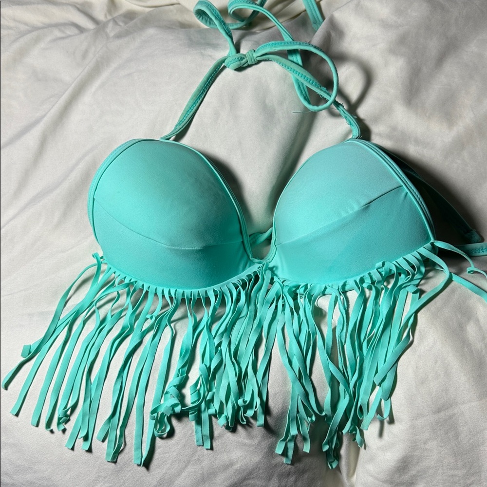 Fringe Halter Bikini Top in Aqua